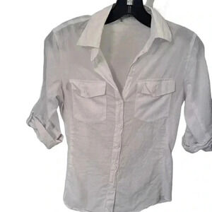 Love Tree Top Womens Button Up Rolled Sleeve Top W/ribbed Accents & Pockets Sz S